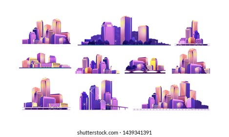 Set of isolated objects. City buildings and structures of multi-storey houses isolated on white background.