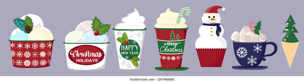 set of isolated objects from a Cup of ice cream, cakes, coffee. Hand drawn Christmas card. Merry Christmas and happy New year typography. Cute holidays greeting card, invitation, poster and templates