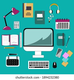 A set of isolated objects for the desktop, for working on the Internet for self-isolation, for study. Computer, tablet, lamp, notebooks, books. Isolated vector images.