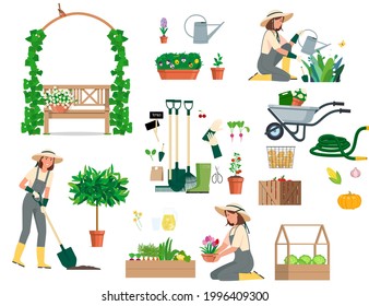 Set of isolated objects girl gardener.