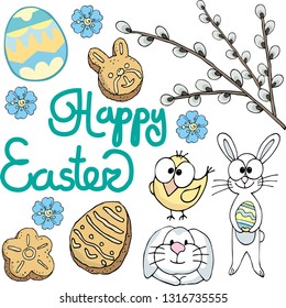 set of isolated objects happy easter. cookies,rabbit, bird,eggs,lettering phrase happy easter