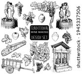 Set of isolated objects illustrating process of traditional way of wine making