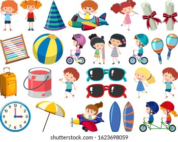 Set of isolated objects of kids and other items illustration