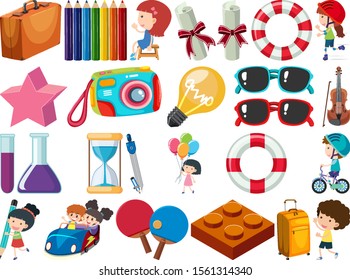 Set of isolated objects kids and stationeries illustration