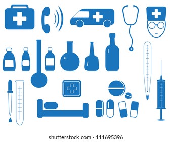 set isolated objects of medicine in blue background