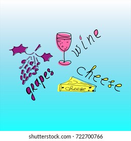 Set with isolated objects with Mediterranean food -  glass of wine with cheese and grapes. Vector illustration with cartoon image can be used in the design of textiles, postcards, posters, dishes