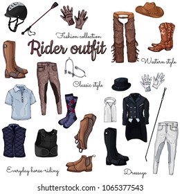Set of isolated objects on the rider equipment theme. Vector colorful images of sports outfits and clothes for the horse rider.