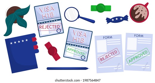 Set of isolated objects on the table, top view, passports with visas, files, documents. Working American visa h1b rejected and approved. Vector illustration in a flat style.