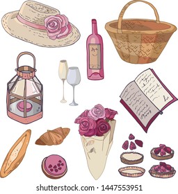 Set of isolated objects on the theme picnic. Romantic, cute, beautiful. Croissant, baguette, strawberry cakes, basket, rose bouquet, straw hat. Gift basket.