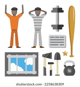 set of isolated objects on the topic of prison, crime, lawlessness, robbery, delinquency.prisoner,bandit,criminal,gangster,escape tools,detention cell window,copy board,dumbbell,kettlebell,bat.vector