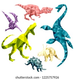 set of isolated objects on white background dinosaurs silhouettes vector low poly style
