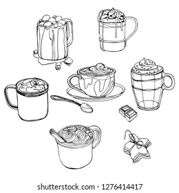 set of isolated objects on white background, warming drinks, coffee mug, hot chocolate, cocoa drink