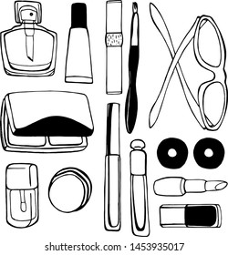 Set of isolated objects on a white background. Cosmetics and accessories for makeup and beauty. Beauty salon, makeup artist, stylist, cosmetics store.