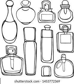 Set of isolated objects Perfumery water, Perfume. Freehand drawing