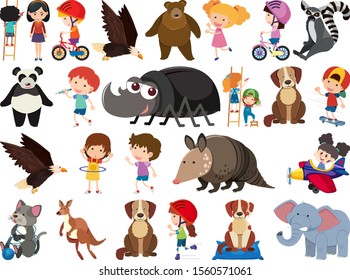 Set of isolated objects theme animals and kids illustration