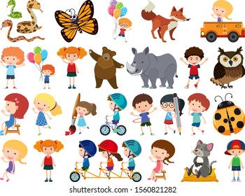 Set of isolated objects theme animals and kids illustration