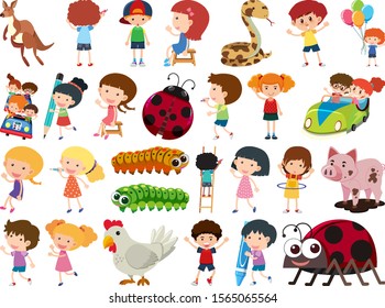 Set of isolated objects theme animals and kids illustration