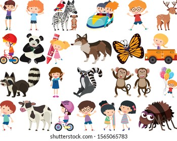 Set of isolated objects theme animals and kids illustration