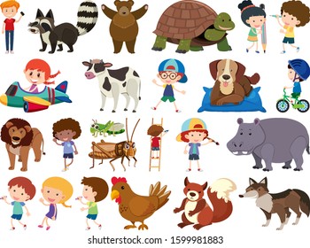 Set of isolated objects theme animals and kids illustration