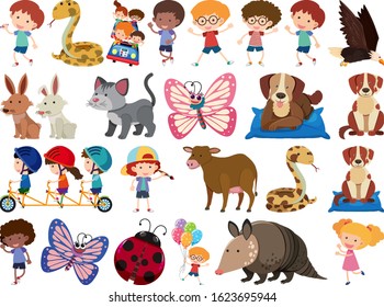 Set of isolated objects theme animals and kids illustration