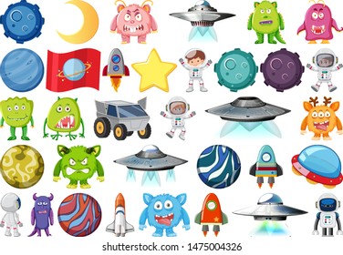 Set of isolated objects theme - astronaut and planets illustration