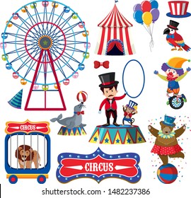 Set of isolated objects theme circus illustration