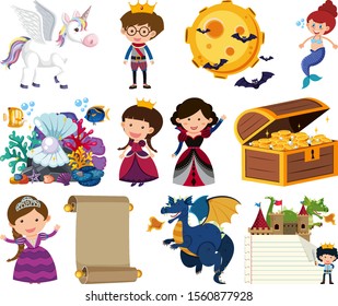 Set of isolated objects theme fairytales illustration