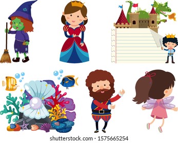 Conjunto de objetos aislados tema cuento de hadas ilustración