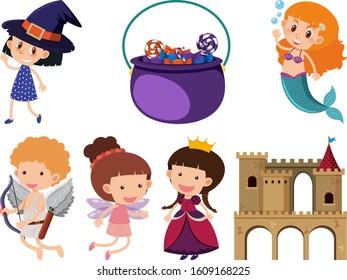 Set of isolated objects theme fairytales illustration