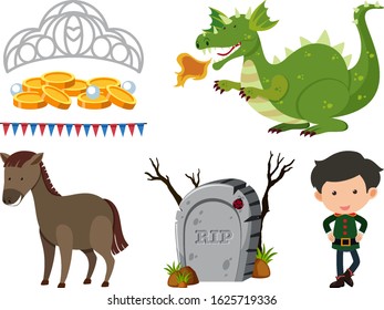 Set of isolated objects theme fairytales illustration