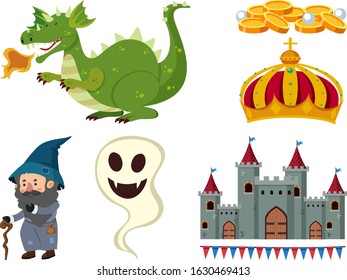 Set of isolated objects theme fairytales illustration