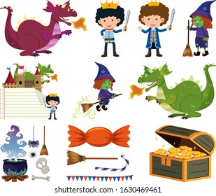 Set of isolated objects theme fairytales illustration