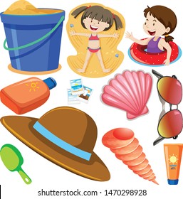 set of isolated objects theme girls on beach illustration