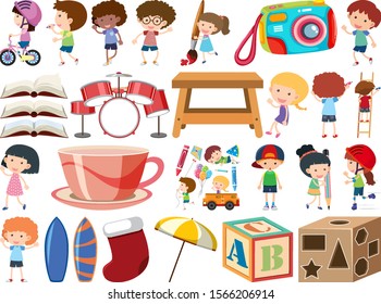 Set of isolated objects theme kids and school items illustration