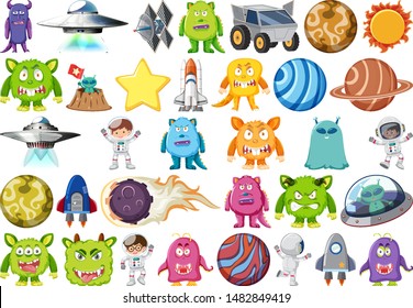 Set of isolated objects theme - planets and aliens illustration