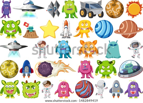 Set of isolated objects theme - planets and\
aliens illustration