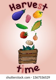 Set isolated objects. Vegetables. Beets in the box, wooden box, eggplant, corn, pepper, onion, tomato, potato. Hand drawn. Text: "Harvest time". Great for shop design, room decor, magazine, website.