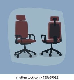 Set of isolated office chairs in different angles, in front face three quarters and back three-quarters. Simplistic realistic cartoon art style. Vector illustration