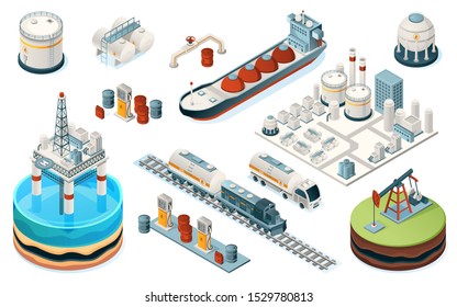 Set of isolated oil industry equipment. Isometric icons for fuel, gasoline and petrol production. Plant and pipe, sea platform and tanker, train and truck, pump, gas station, tank. Industrial factory