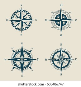 Set of isolated old or retro, vintage compass or wind rose icons. Ocean or sea navigation path finder for longitude and latitude. Discover and travel, heraldry and nautical, marine and ship theme