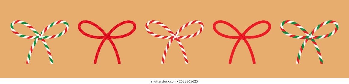 Set isolated on craft paper background сotton red, green rope bakers twine bow, ribbons for gift. Packing string for present, decoration, pastry boxes for Christmas, New Year, birthday. Vector EPS100