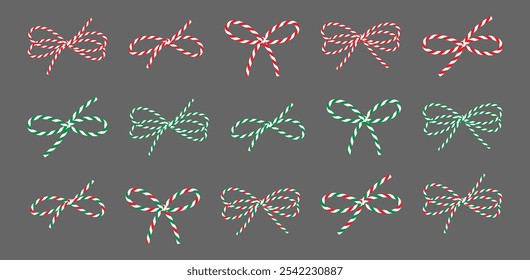 Set isolated on grey background сotton striped red, green rope bakers twine bow, ribbons for gift. Packing string for present, decoration, pastry boxes for Christmas, New Year, birthday. Vector EPS10