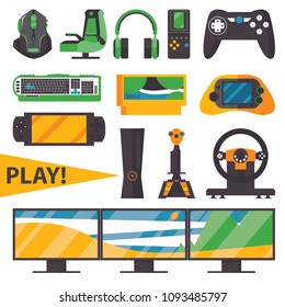 Set with isolated on white background game controllers and accessories for professional playing video games. Vector collection