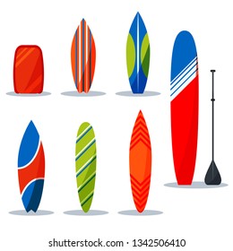 Set of isolated on white background flat style surfboards: bodyboard, fish, hybrid, gun, funboard, longboard with paddle, shortboard. Surfing desks collection for surfer gear. Vector  illustration.