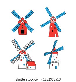 Set of isolated on white background cute coloring vector windmills. Collection of flat mill illustrations for food packaging design. Also can be used for icons, logos or printing on any surface