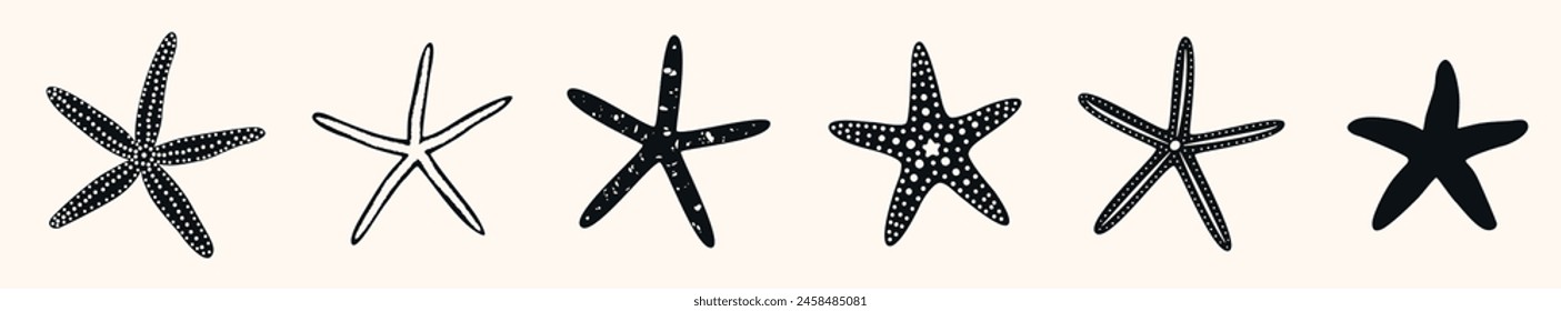 Set of isolated on white background black various starfish of different shapes and kinds. Silhouette, outline, for icons, icons, logo. Vector illustration EPS10