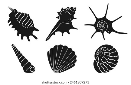 Set of isolated on white background black various sea shells of different shapes and kinds. Silhouette, outline, for icons, logo. Vector illustration EPS10