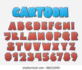 set of isolated on white background cartoon style, funny alphabet letters and numbers. vector, commercial font type design. comic book lettering typeface