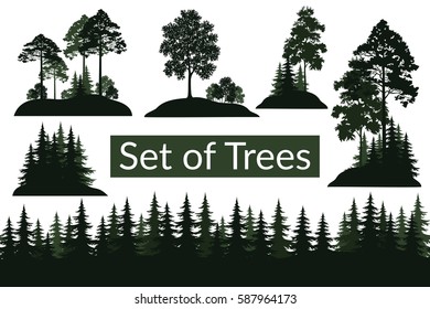 Set Isolated on White Background Landscapes, Green Coniferous and Deciduous Trees and Bushes Silhouettes, Fir, Pine, Maple, Acacia, Lilac. Vector