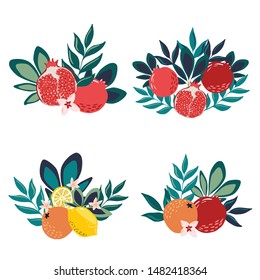 Set of isolated on white vector hand drawn fruit and leaves bouquets with lemons, oranges and pomegranates for card, banner, templates decoration